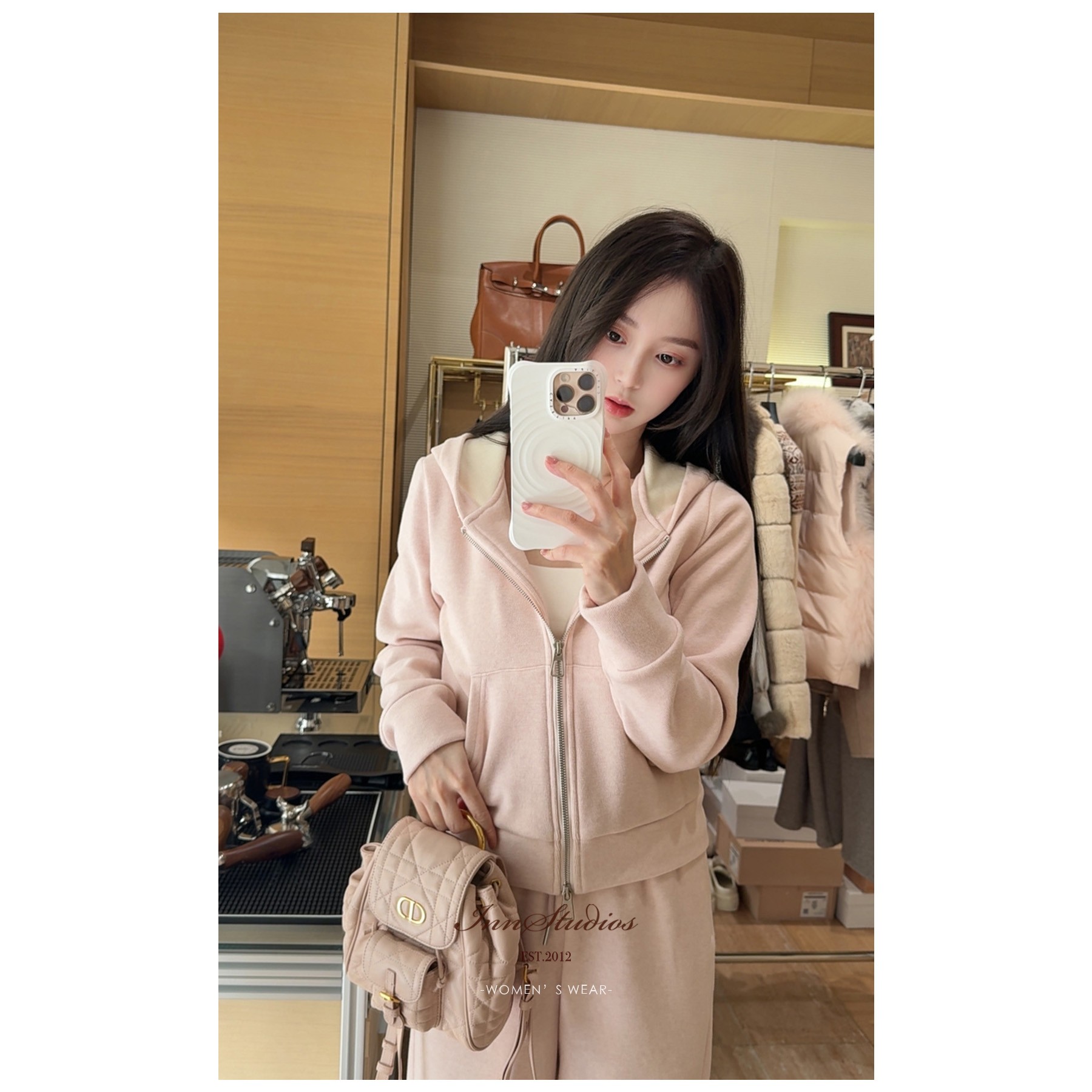 Innstudios「怦然心动」云感糯唧减龄精致嫩粉色休闲连帽加绒套装