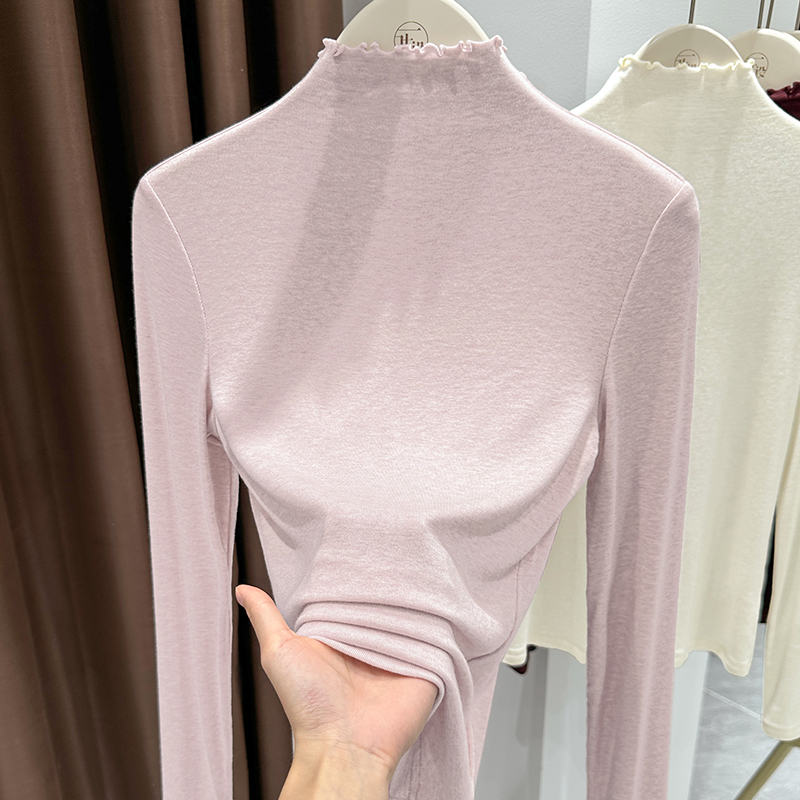 纯欲粉色显白木耳边高领长袖小衫2025秋冬新款修身显瘦内搭打底衫