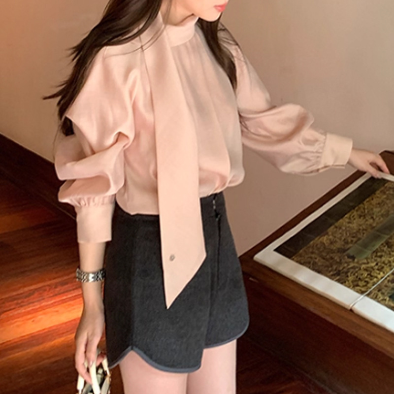 法式风粉脂凝香斜角一字飘带领温婉气质长袖衬衫女装禅意仙气飘飘