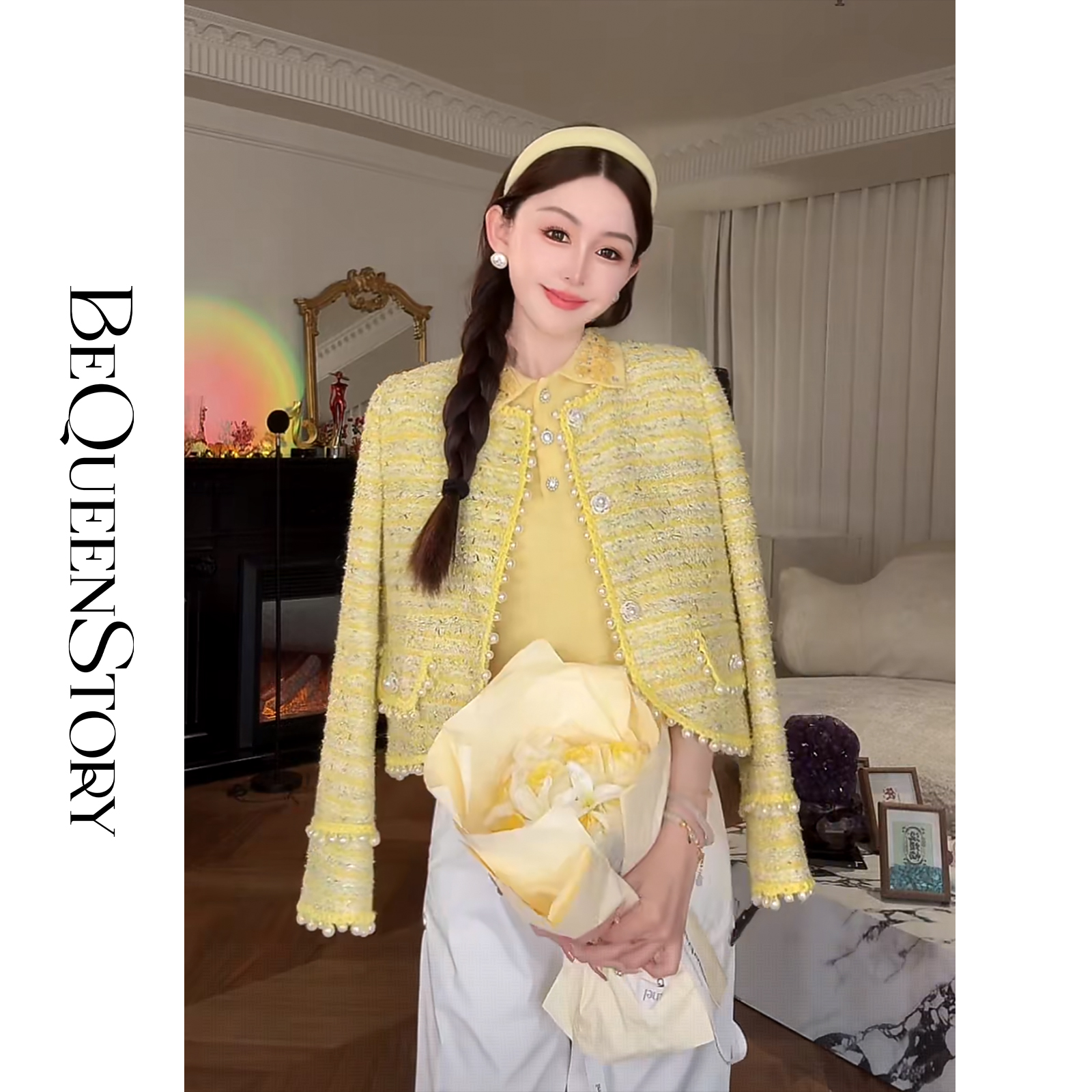 余潇潇【时光恋人】绵羊毛重工编织珍珠装饰亮丝小香外套&连衣裙