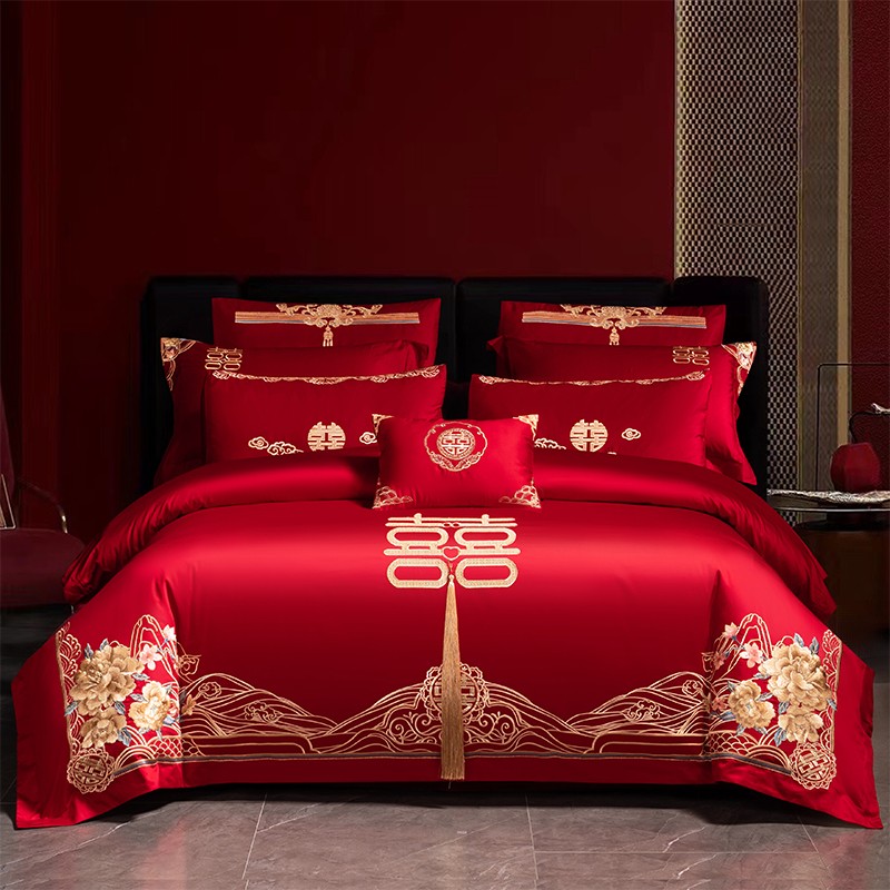 富安娜中式婚庆全棉纯棉四件套喜庆大红刺绣被套床单结婚床上用品
