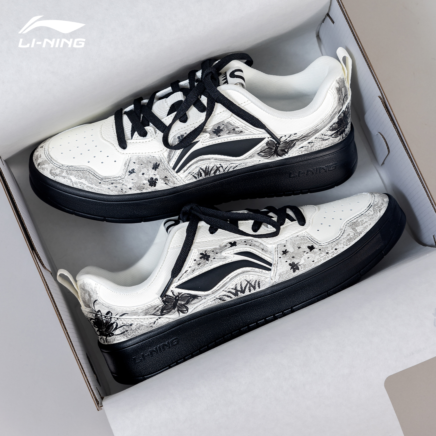 【定制板鞋】李宁初云 水墨蝴蝶男鞋板鞋小众潮鞋透气时尚小白鞋男