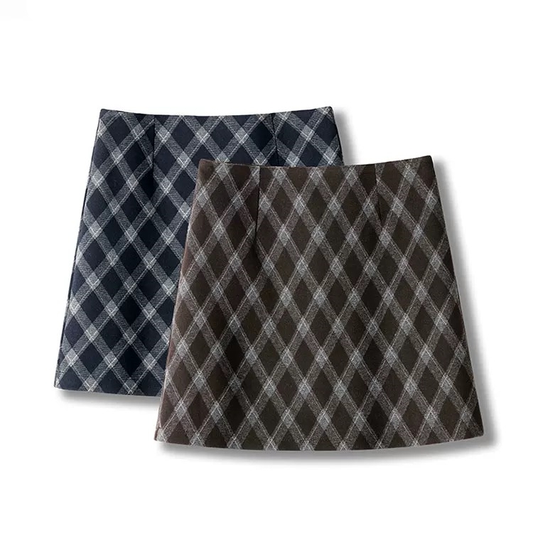 2025秋冬季复古蓝色格子纹毛呢半身裙女新款冬高腰加厚A字短裙