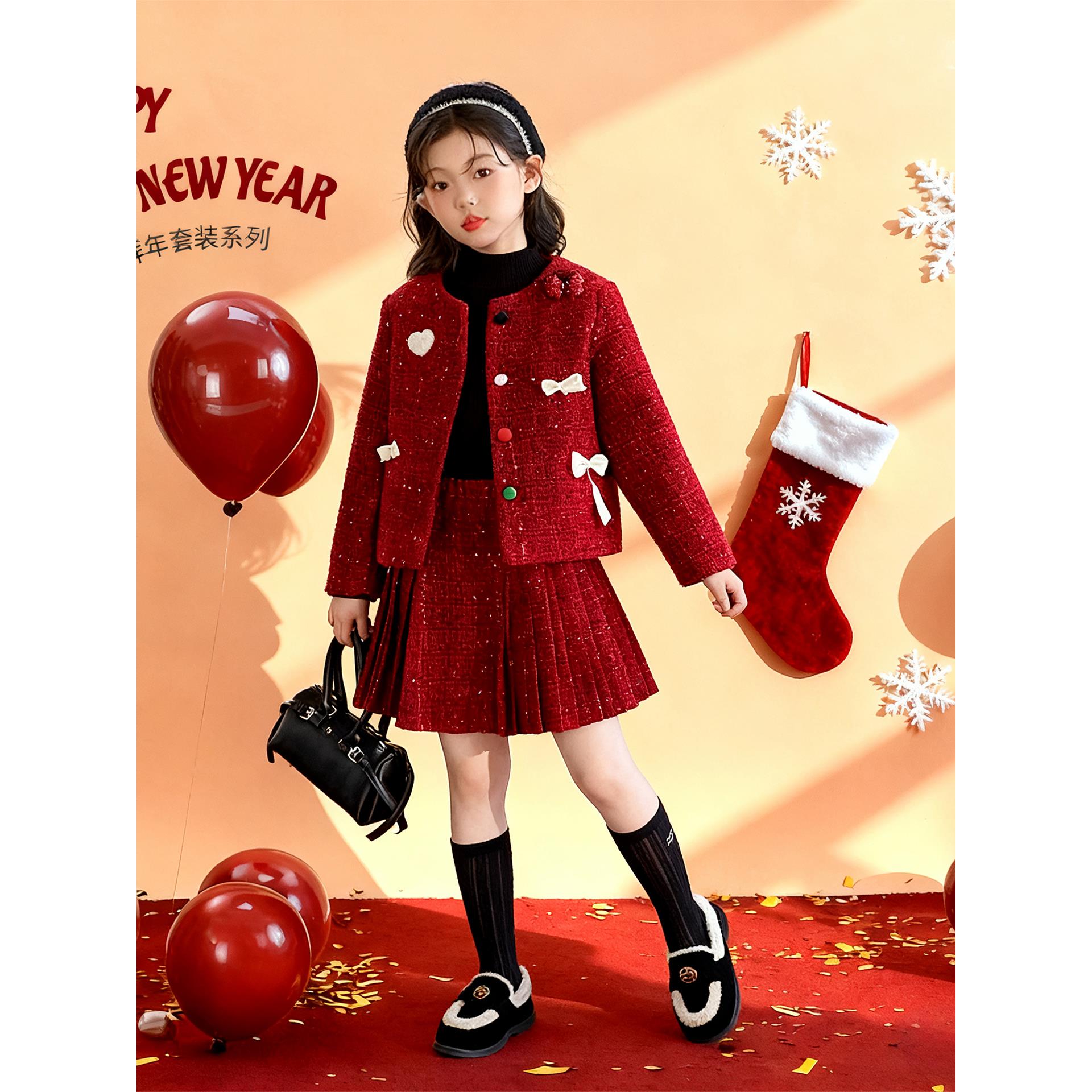十二岁女童本命年衣服2025新款女孩红色小香风外套儿童拜年服套装