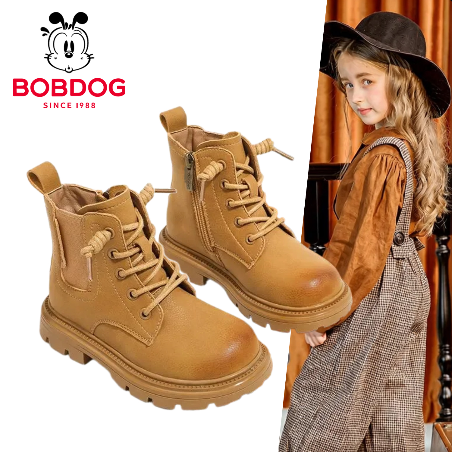 巴布豆女童马丁短靴2025秋冬季新款儿童靴子男童短靴英伦风大黄靴