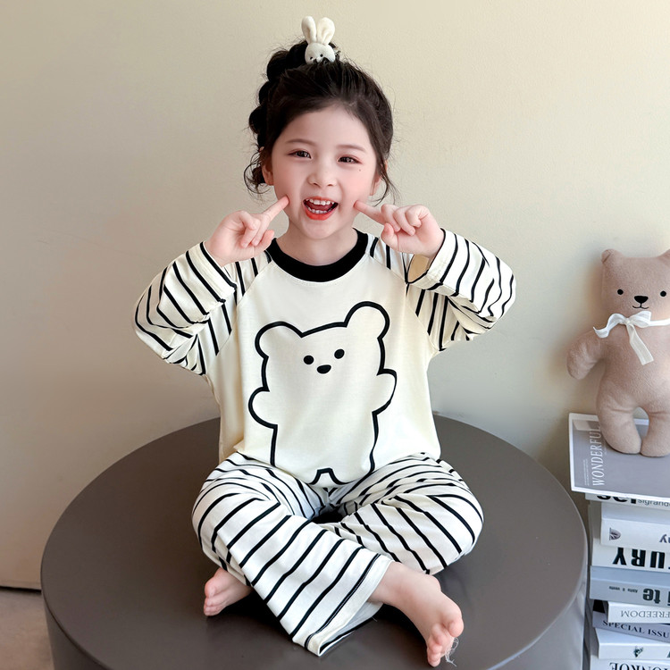 女孩睡衣春秋季女童莫代尔卡通长袖空调服套装儿童宝宝薄款家居服