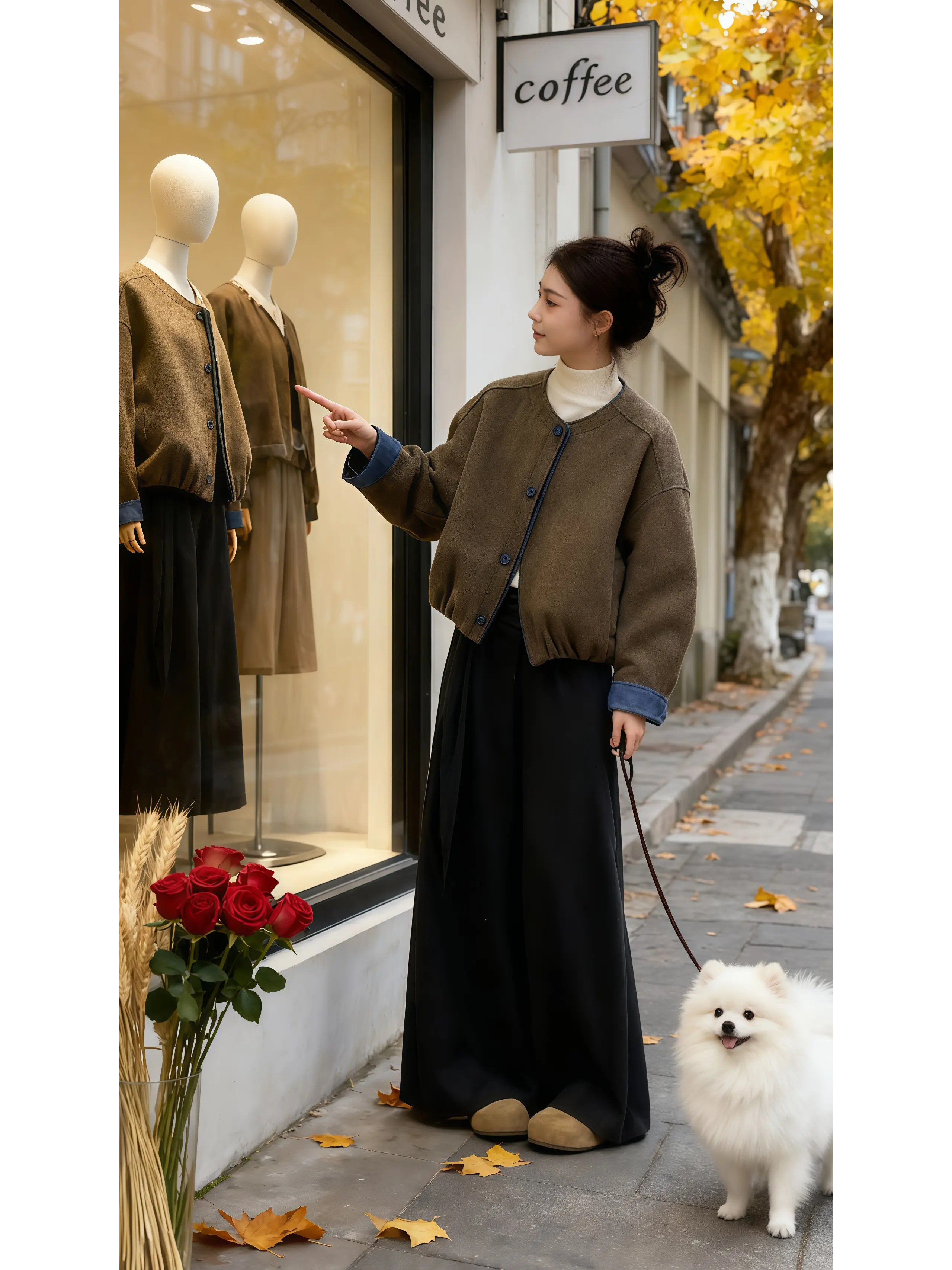 韩系松弛感慵懒风穿搭一整套早秋新款拼色短外套上衣阔腿裤两件套