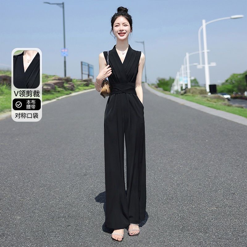 小个子名媛连体衣黑色高腰绑带韩版百搭御姐风腰带褶皱大码连体裤