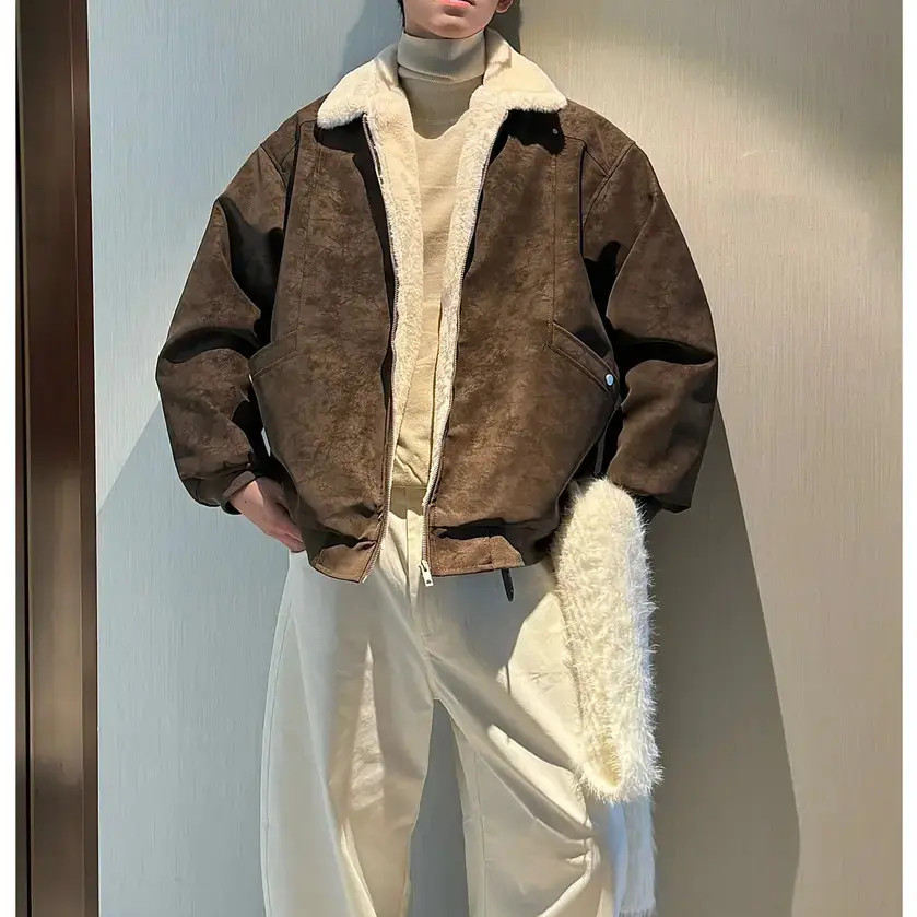 HN潮牌-冬季美拉德毛领雾面PU皮棉服加绒加厚保暖百搭情侣棉衣