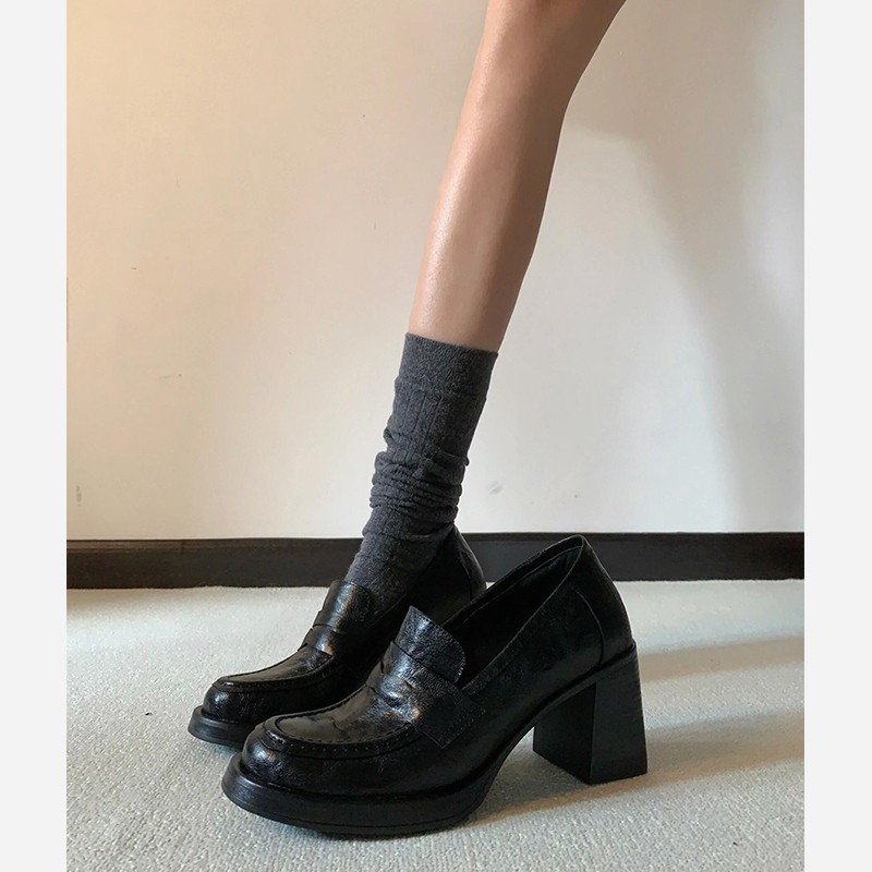 羊皮版~小众复古小皮鞋一脚蹬通勤高跟乐福鞋百搭粗跟黑色单鞋女