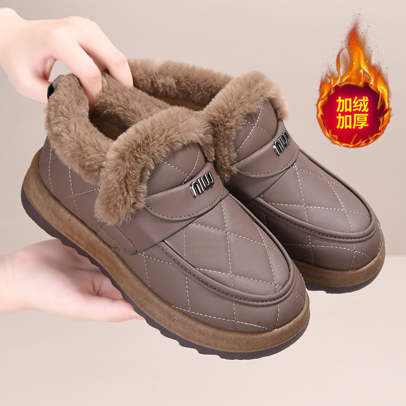 冬季新款皮面防水雪地靴加绒保暖妈妈鞋厚底增高外穿大棉鞋豆豆鞋