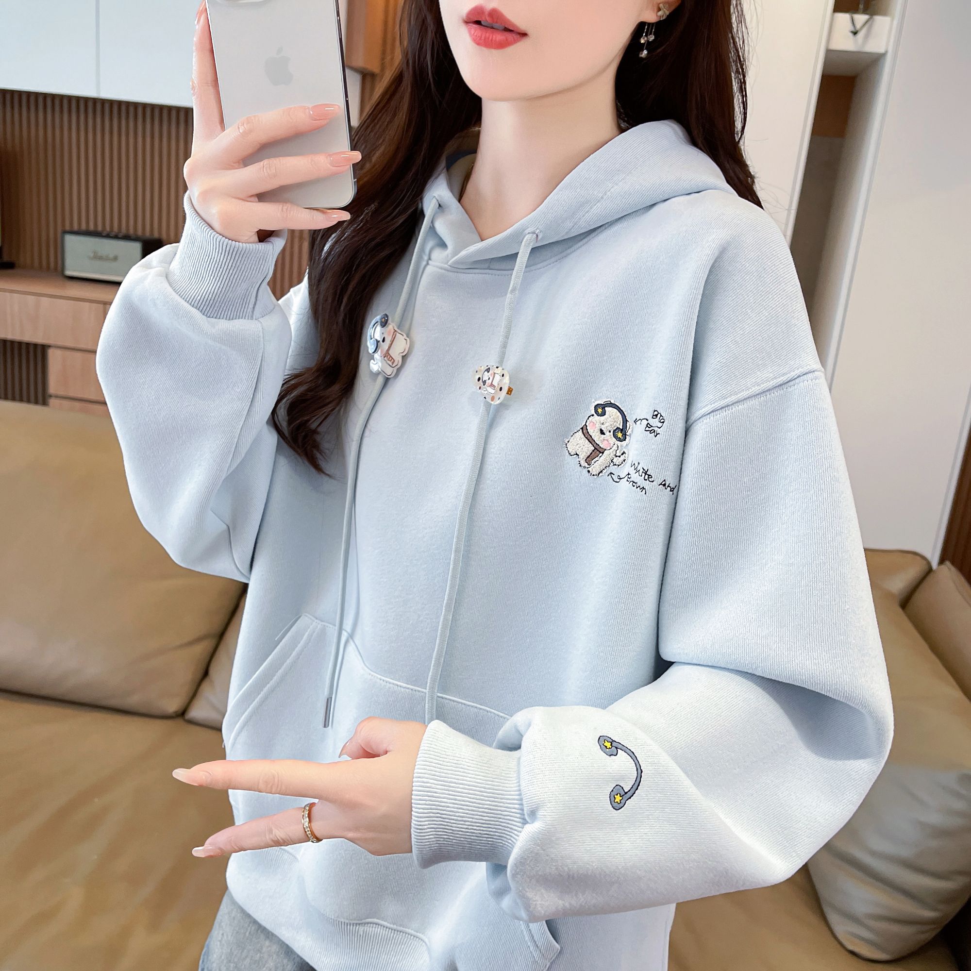 外套女韩版百搭秋冬新款长袖连帽套头设计卫衣女宽松加绒加厚上衣