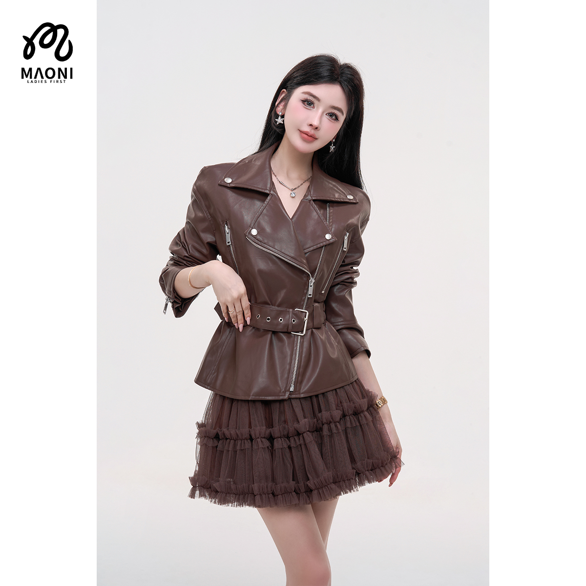 毛妮LADIESFIRST【摩登腔调】名媛收腰系带PU皮衣外套机车服L2361