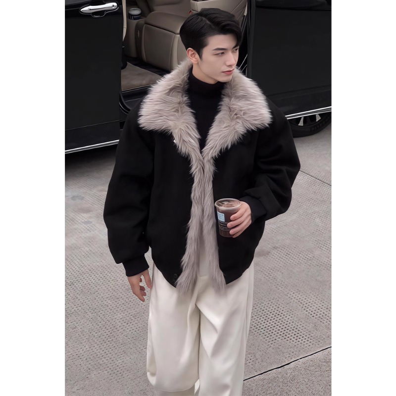 座山雕做旧仿麂皮加厚保暖外套男秋冬高级感痞帅毛领潮牌夹克棉衣