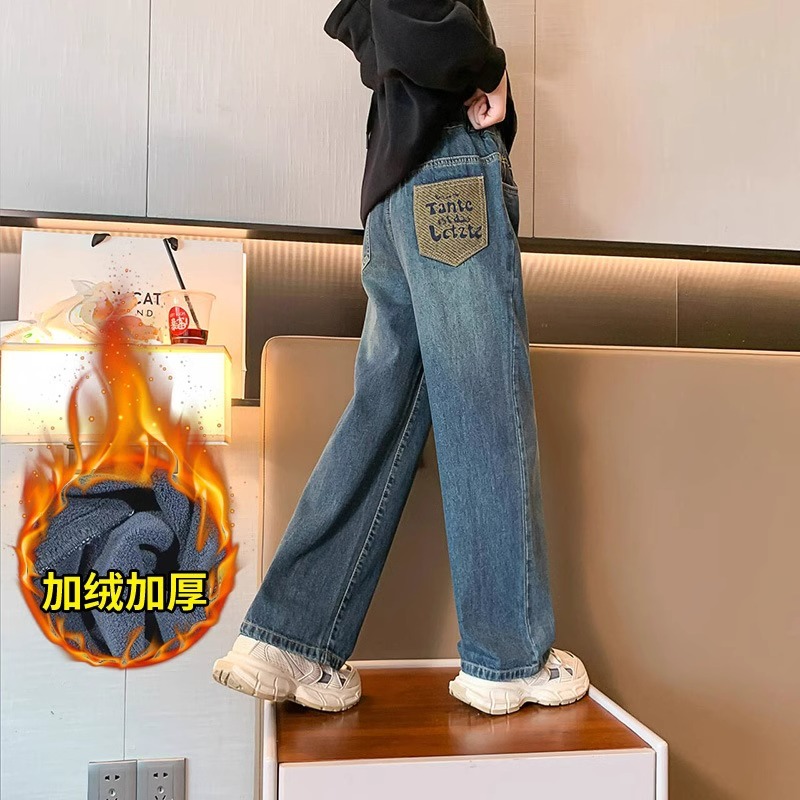 儿童加绒加厚牛仔裤2025女童秋冬新款中大童洋气学生一体加绒长裤