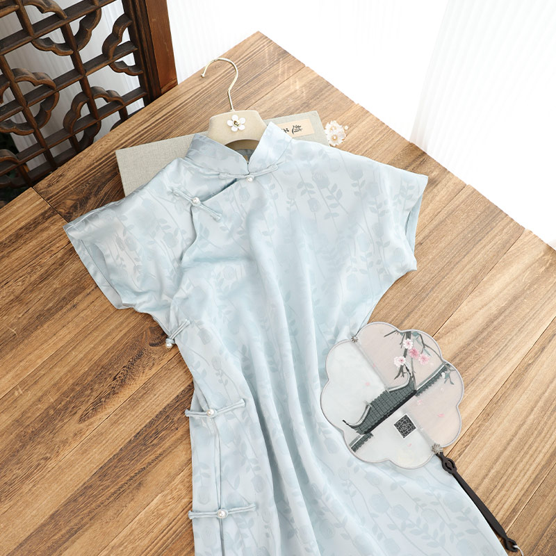 俏娘鱼2025夏季新款蓝色复古新中式改良古法全开襟旗袍女日常可穿