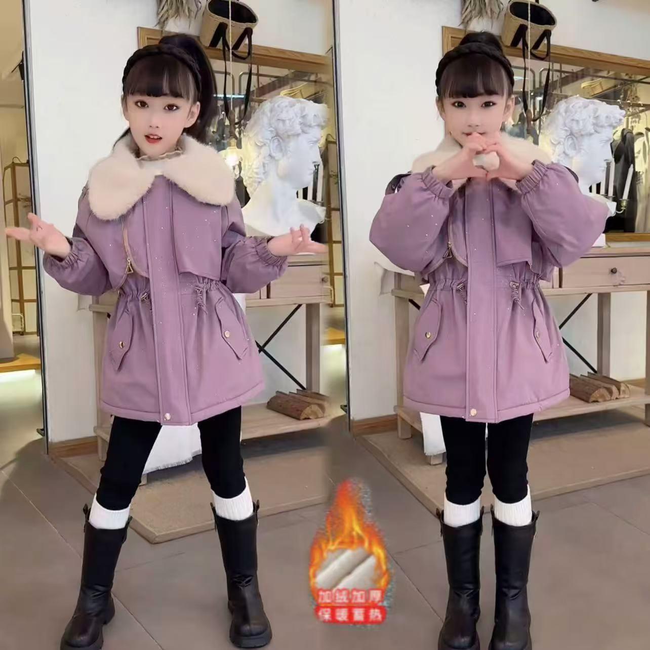 女童加绒派克服秋冬装2024新款儿童加厚棉服韩版女孩时髦外套洋气