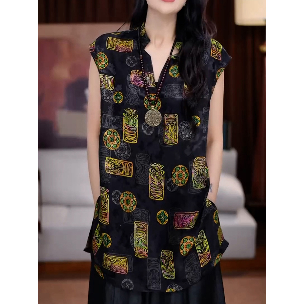 时尚减龄妈妈装文艺风印花V领衬衫2025夏季新款休闲百搭显瘦衬衣