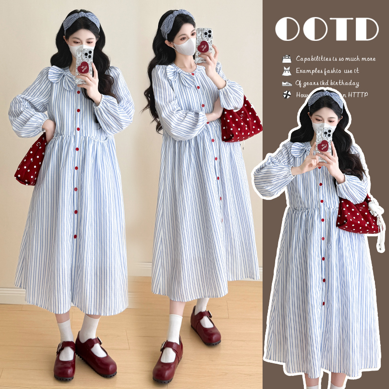 孕妇装秋装2025新款秋冬外穿洋气时尚大码宽松蝴蝶结条纹连衣裙女