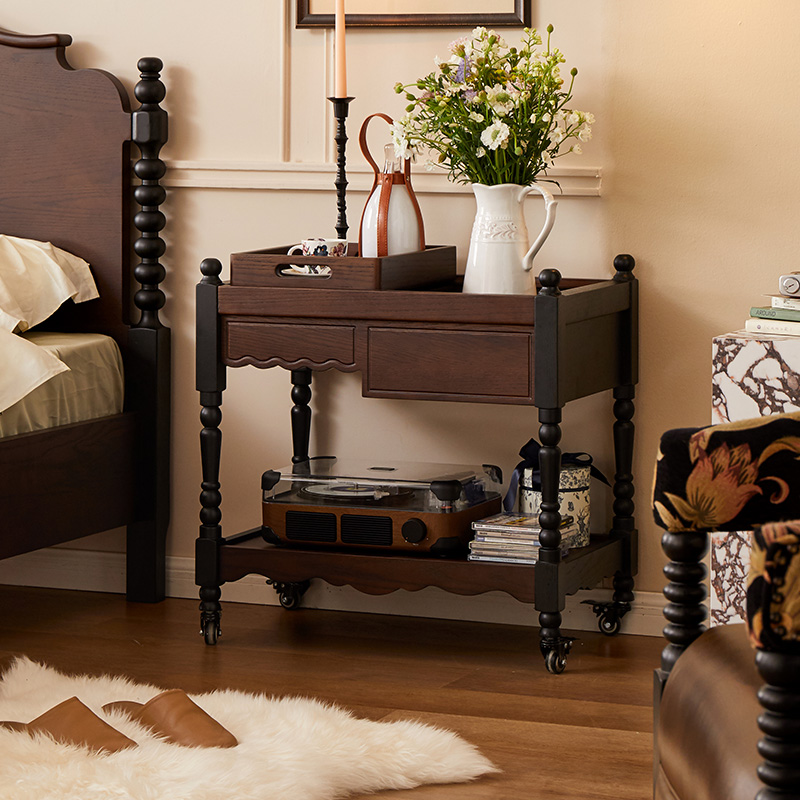 森美匠心法式复古实木可移动边几客厅沙发边几茶桌卧室小推车茶几