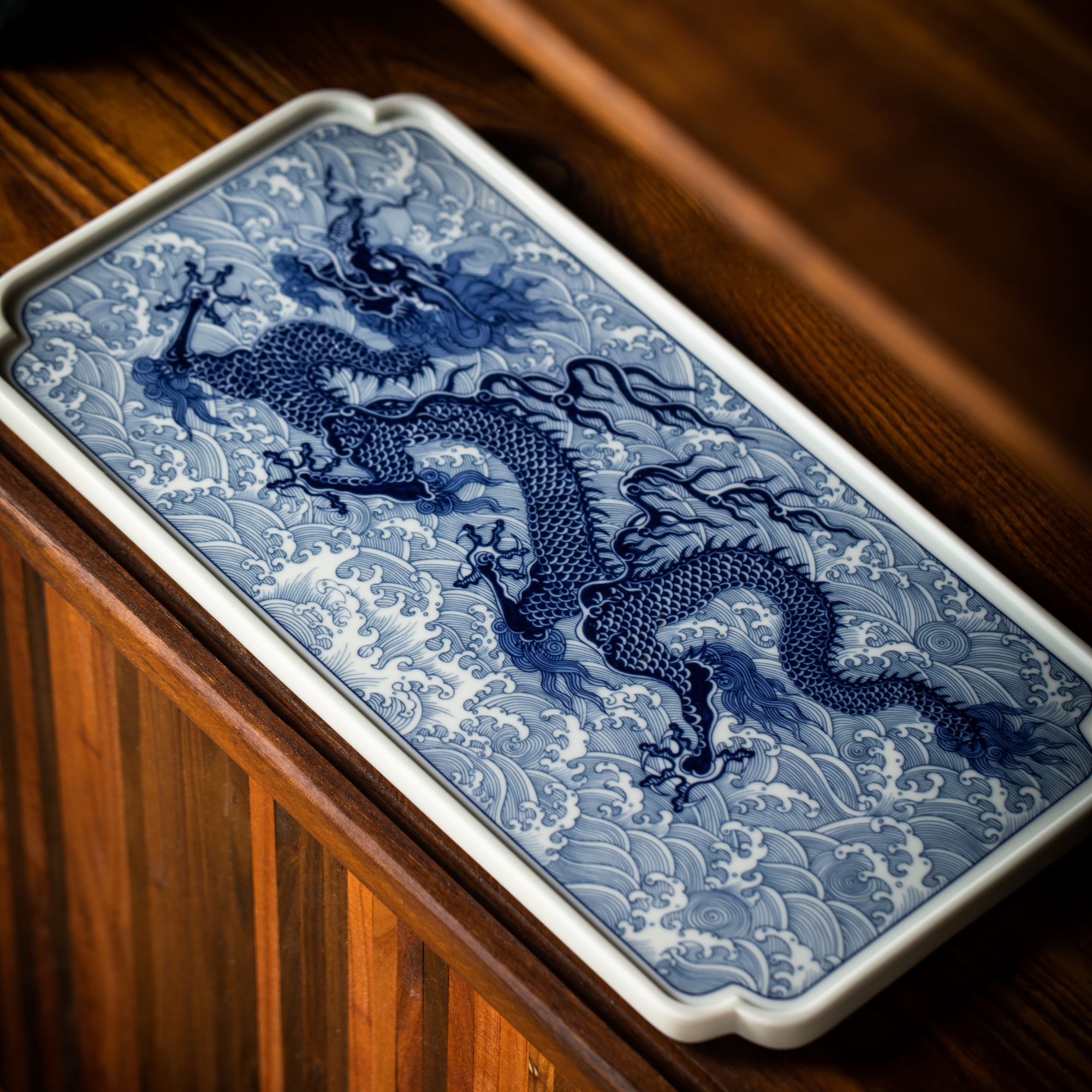 景德镇炎匠堂青花霸王龙茶盘 新中式 复古 高档 龙纹