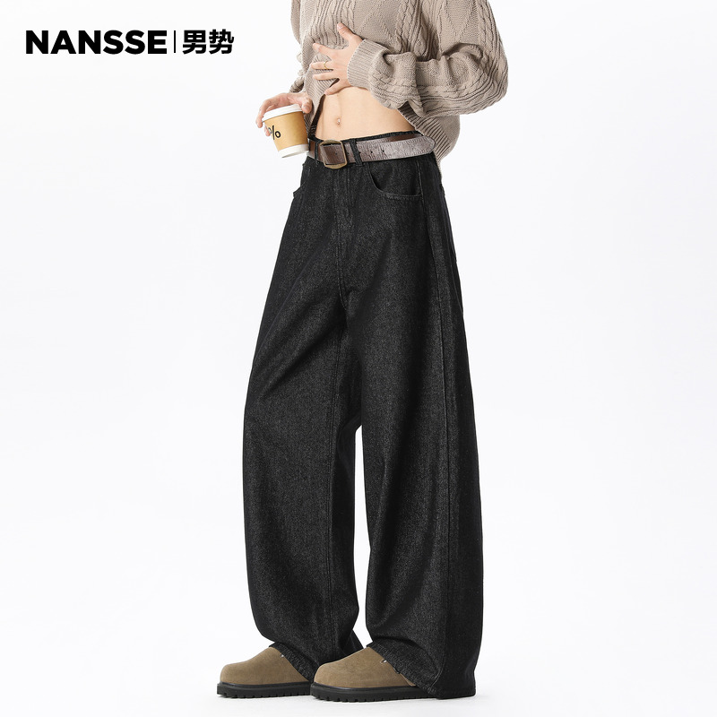 水洗复古原牛色牛仔裤男款秋季新款美式高街直筒阔腿宽松弯刀长裤