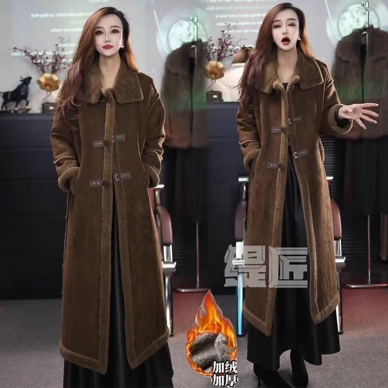爆款加厚麂皮绒外套女2024冬季新款洋气过膝长款气质皮毛一体大衣