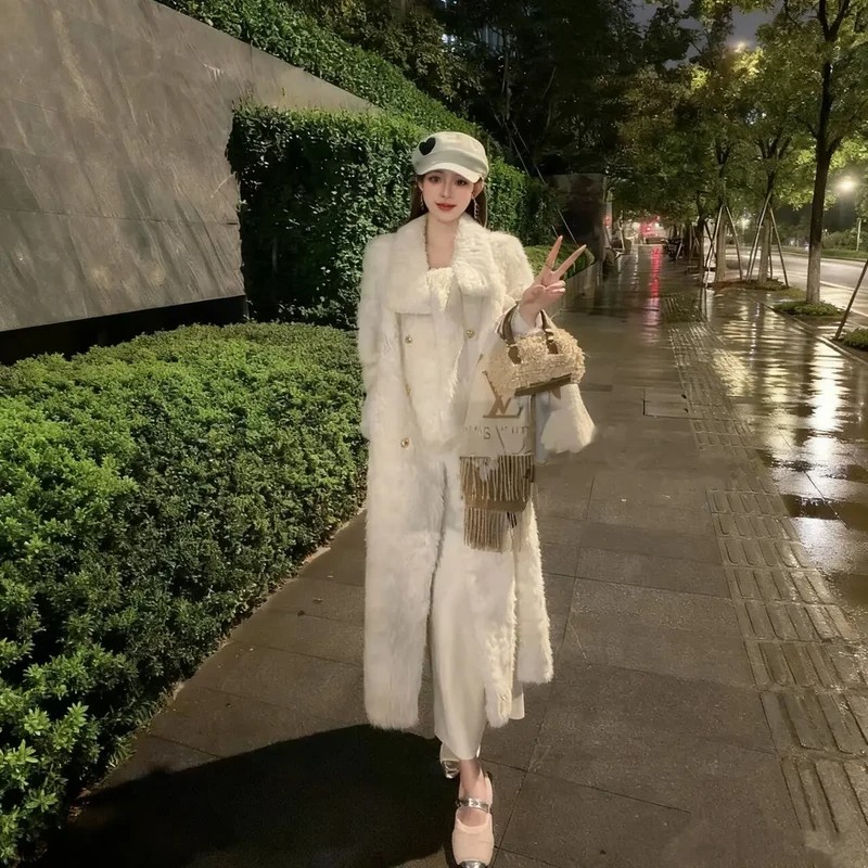 云上雪岛环保皮草外套小立领小湖羊毛毛外套皮毛一体大衣长款