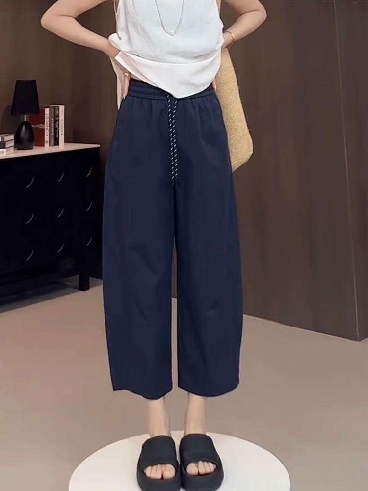 夏季薄款气质设计感宽松气球弯刀裤女大码高腰抽绳运动九分香蕉裤