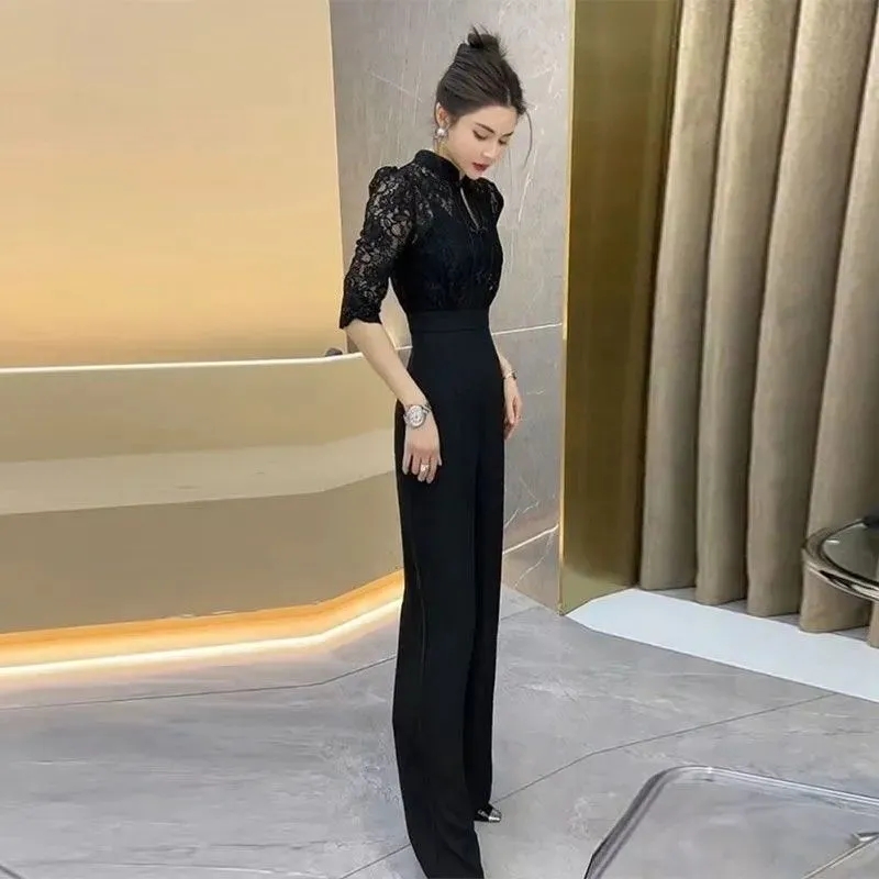 2025夏季网红名媛连体裤女新款时尚气质显瘦蕾丝拼接阔腿连衣长裤