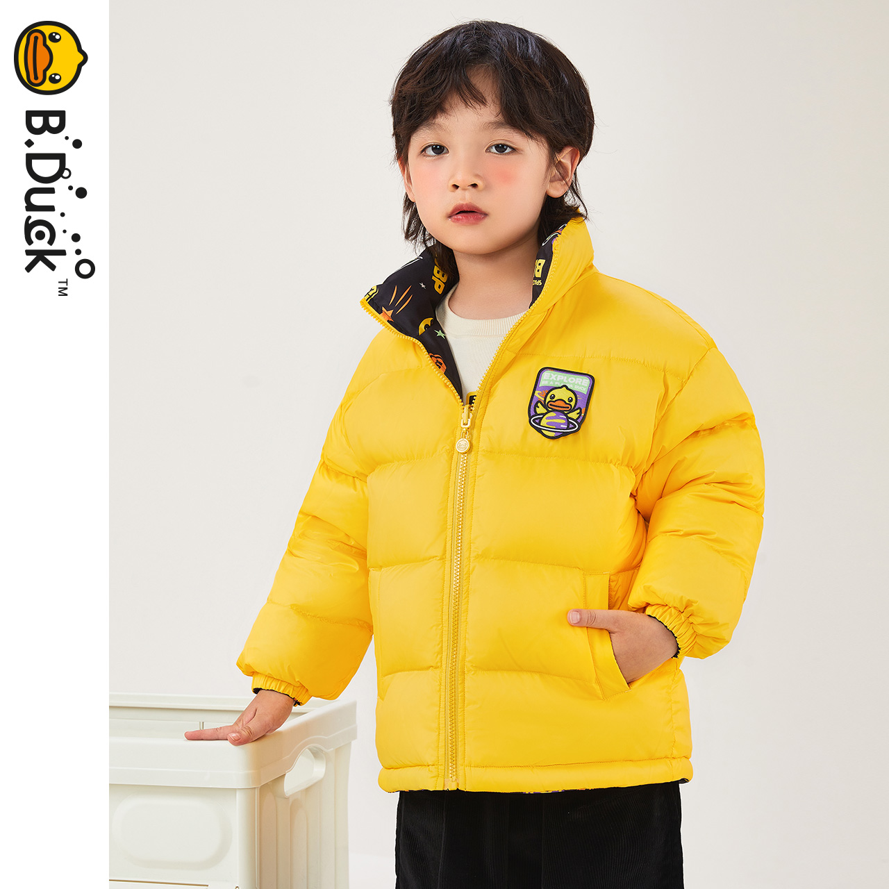 B.Duck小黄鸭童装男女童羽绒服冬季白鸭绒小童加厚双面穿羽绒服黄