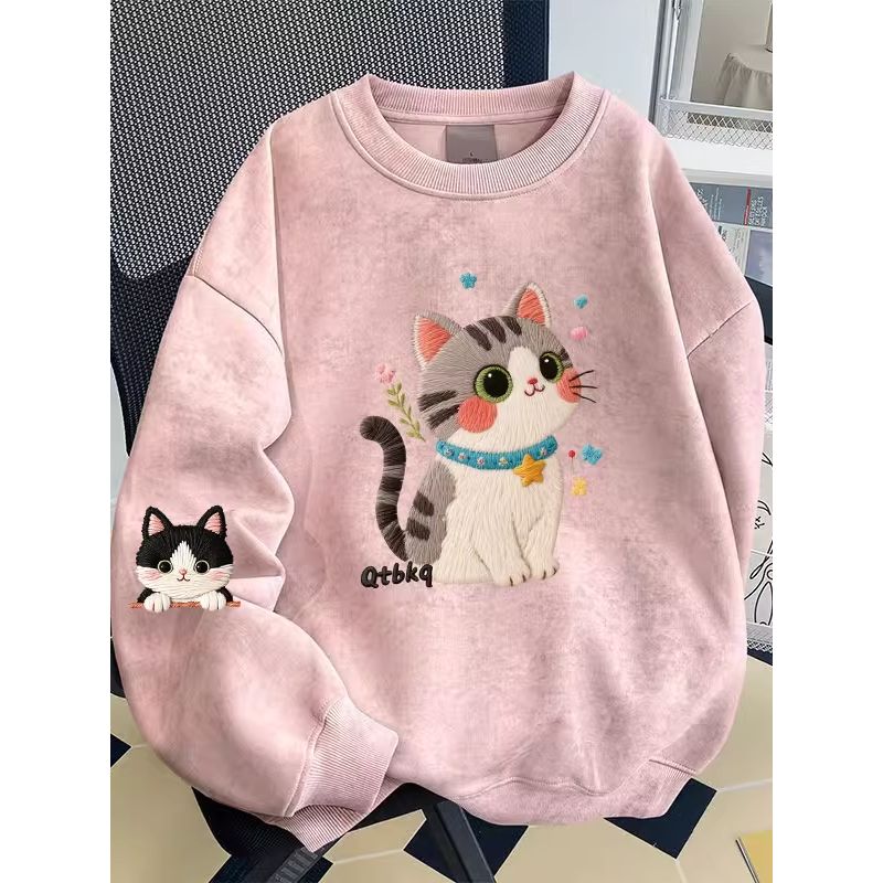 ck【万达撤柜】女童扎染圆领卫衣春秋2025新款卡通猫咪中大童小众加