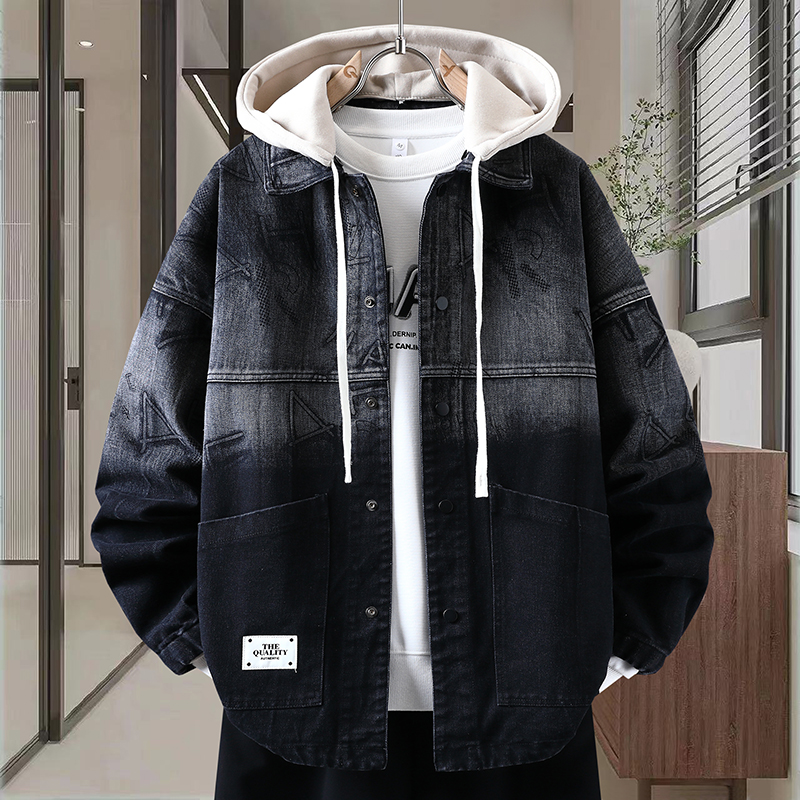 春秋季港风印花青少年潮牌夹克舒适帅气百搭外套牛仔连帽上衣男