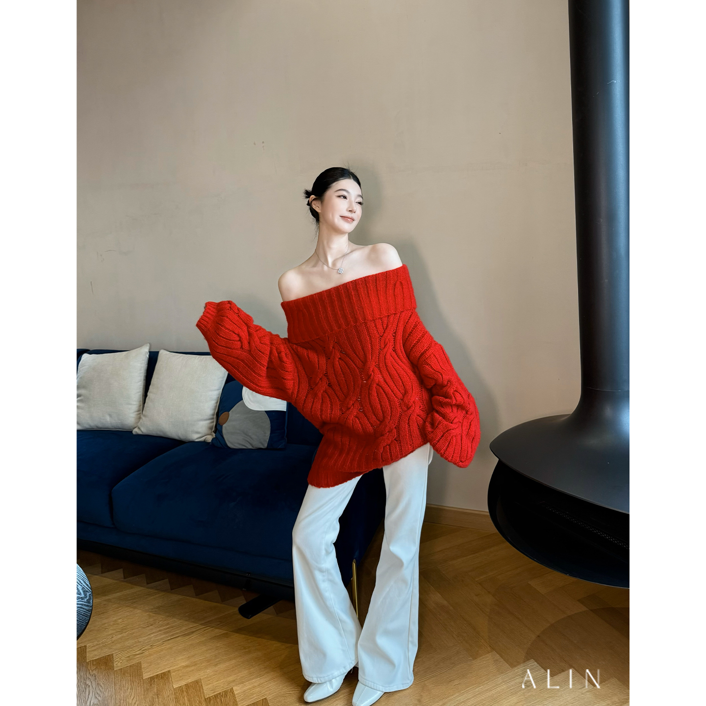 ALIN【好事将近】一字肩绵羊毛针织衫女圣诞氛围感正红毛衣AL6MZS10
