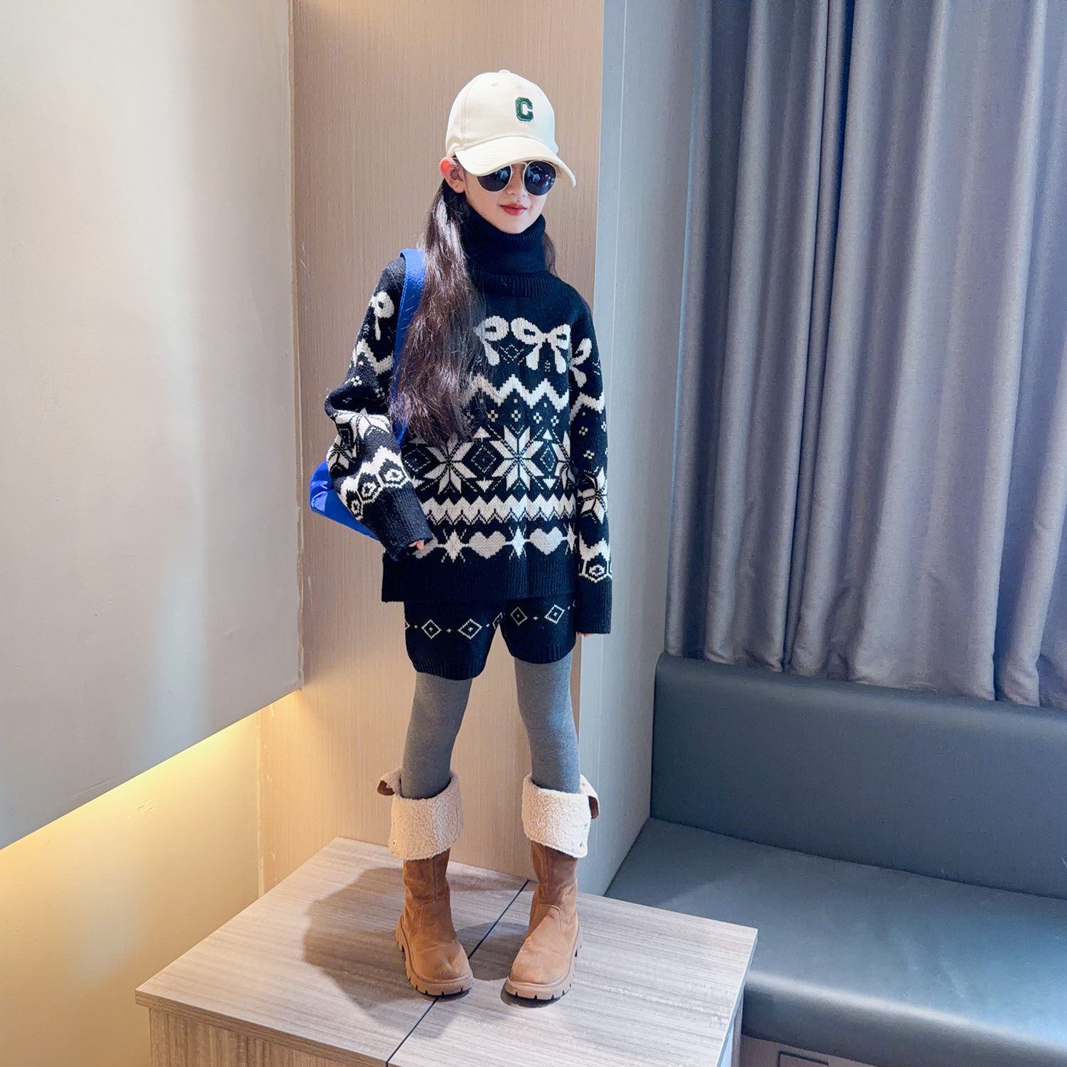 女童秋冬季韩系穿搭一整套费尔岛毛衣针织衫短裤儿童时尚两件套潮