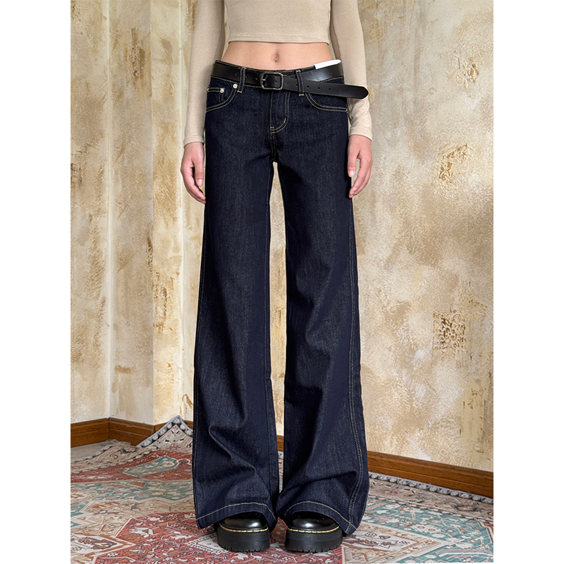 丹宁蓝低腰牛仔裤女2025秋季新款显瘦宽松直筒阔腿拖地长裤子