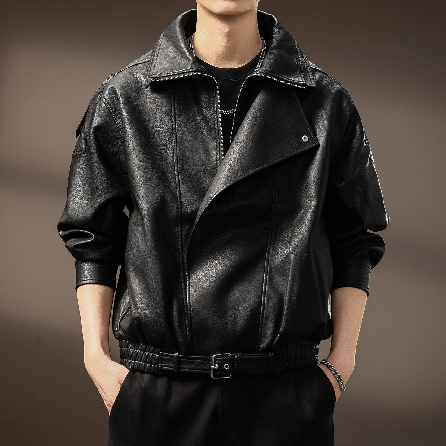 高端复古机车PU皮衣外套男美式秋季立领夹克潮流高级感宽松机车服