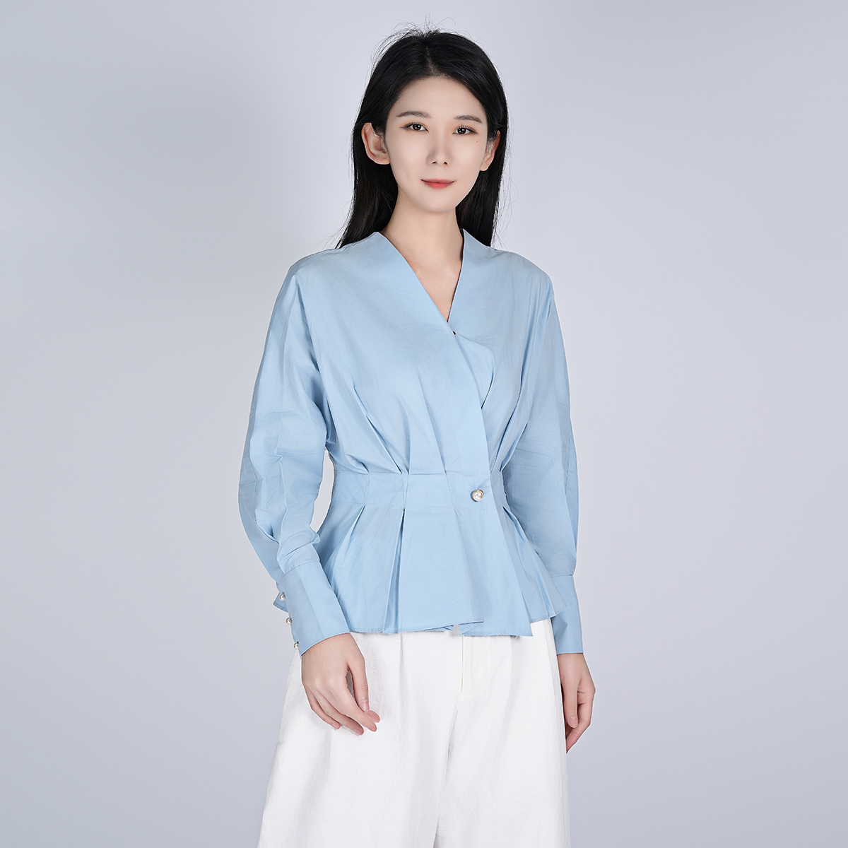 浒城古娘100棉气质舒适纯色显瘦精致纯色女衬衫上衣WH05007392