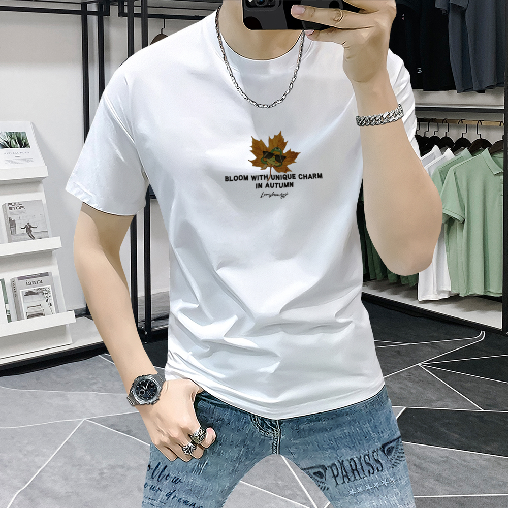 男士短袖t恤夏季新款简约修身印花圆领半袖T时尚休闲男装白色上衣