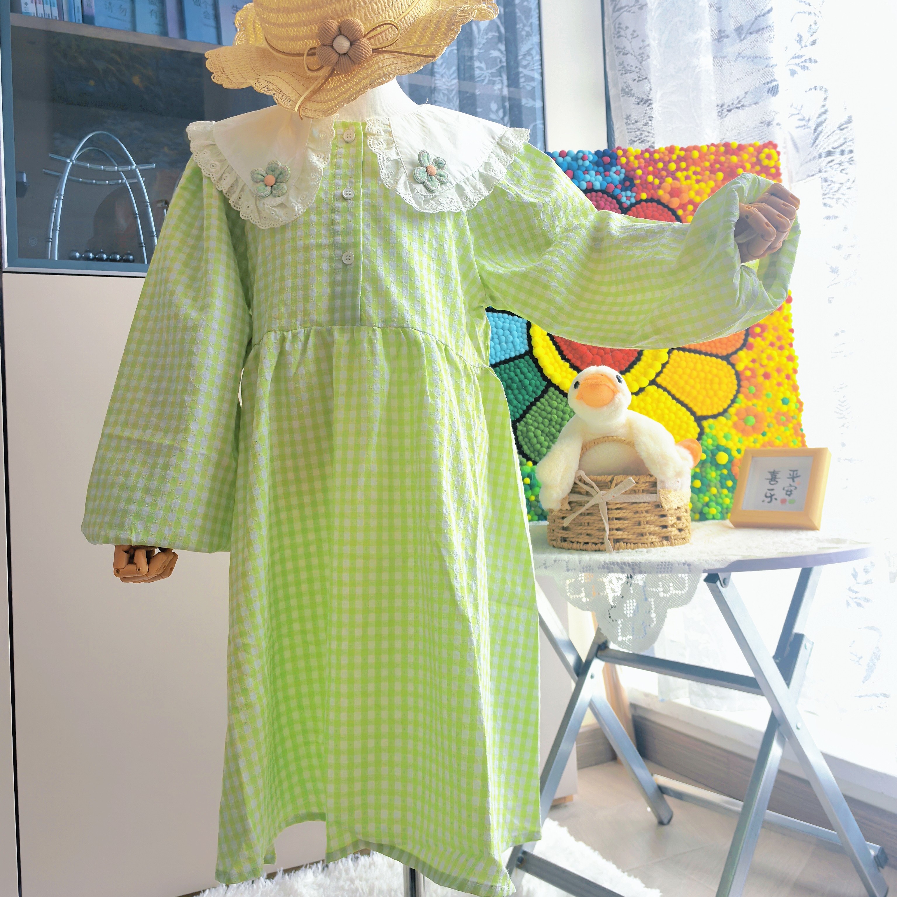 秋季休闲风春季长袖女格子连衣裙童装娃娃领公主女童