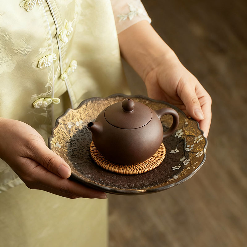 梅花銮金壶承粗陶干泡台壶垫储水式复古陶瓷茶道配件茶盘