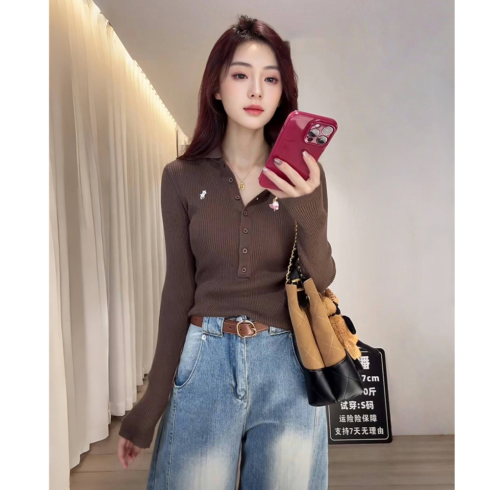 秋冬新款高级感修身显瘦翻领毛针织衫女软糯Polo领设计感针织上衣