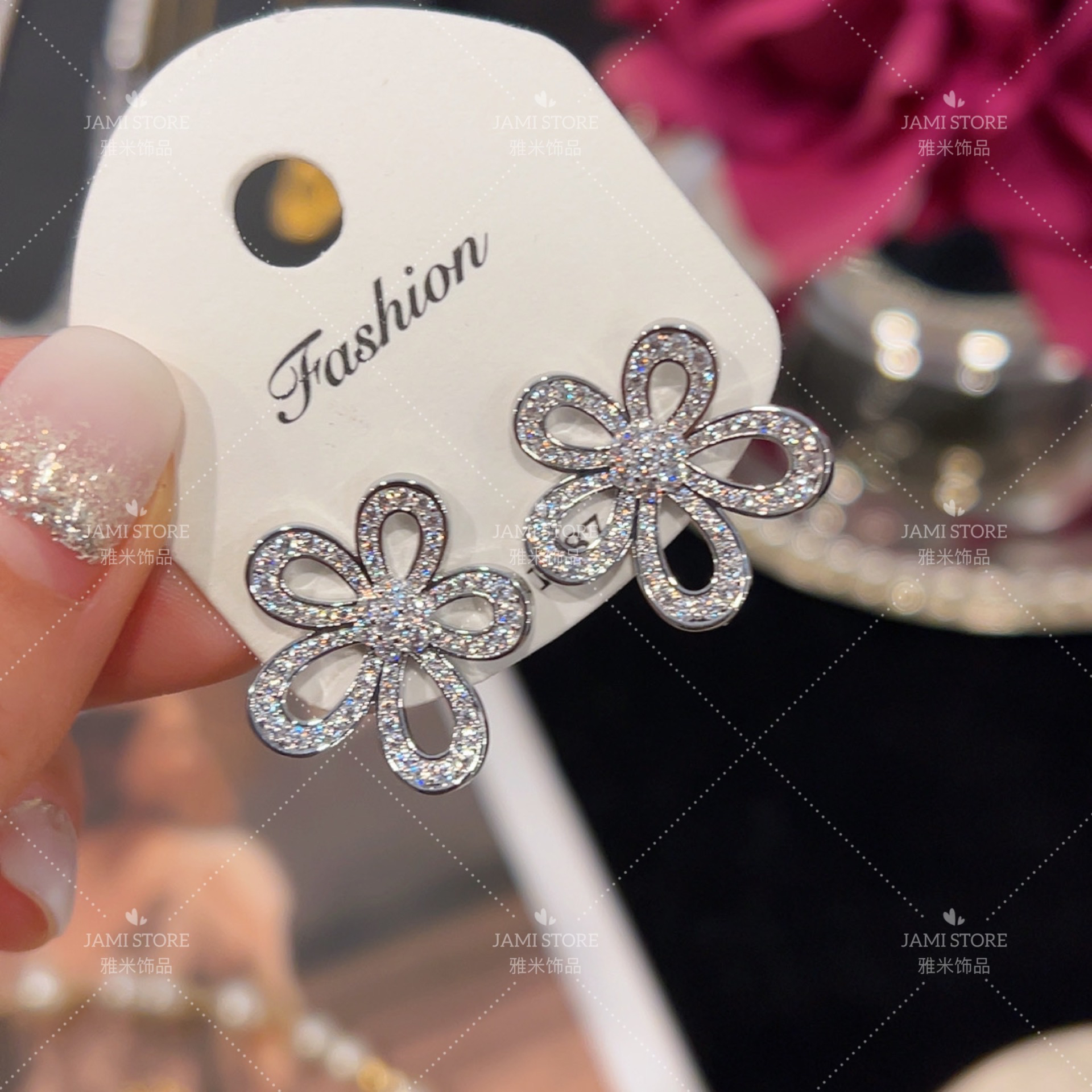 镀K金 Jami 满钻格桑花轻奢耳环精致时尚高级气质