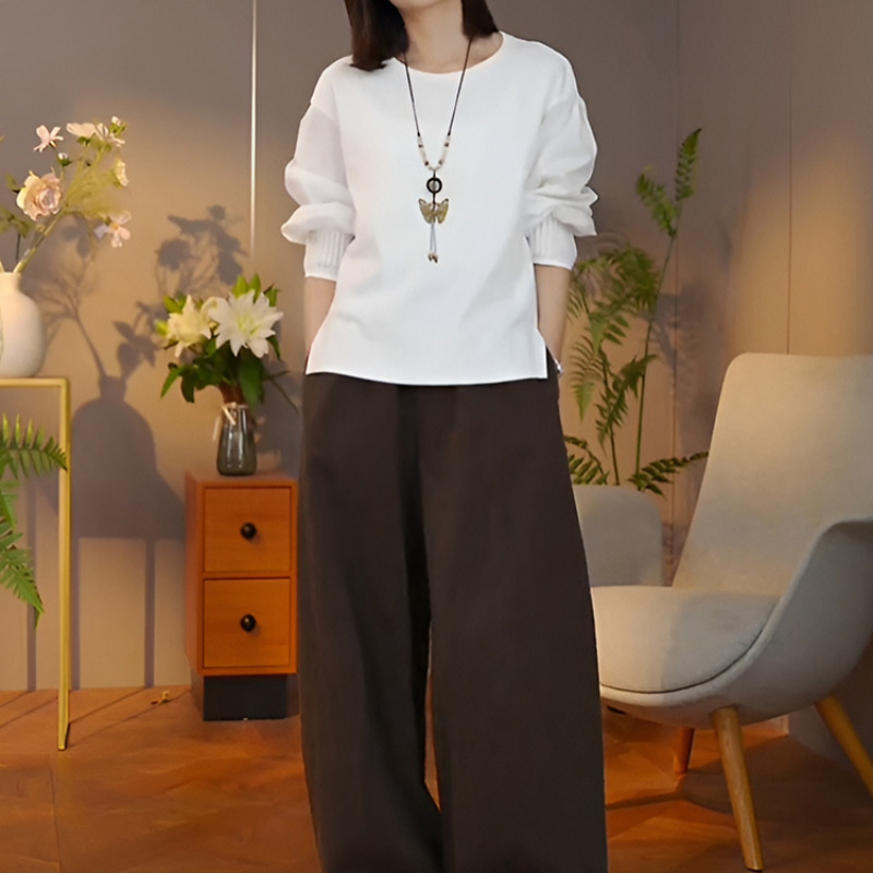 巨好看的两件套春秋穿搭一整套韩系圆领T恤上衣休闲阔腿裤两件套