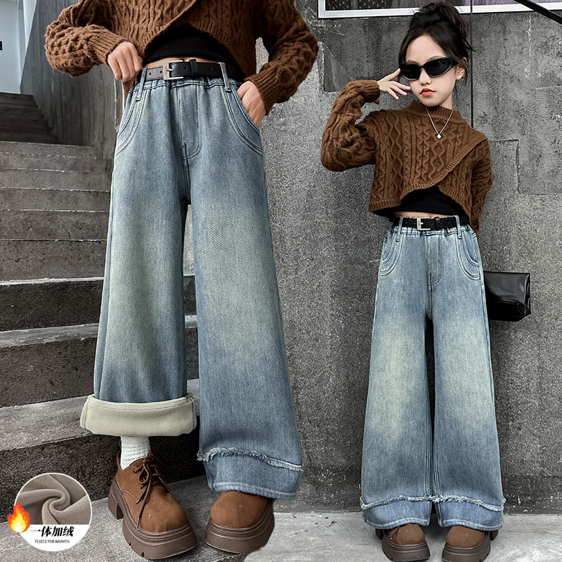 女童牛仔裤秋冬2025新款加绒加厚冬季女大童阔腿裤冬天儿童裤子潮