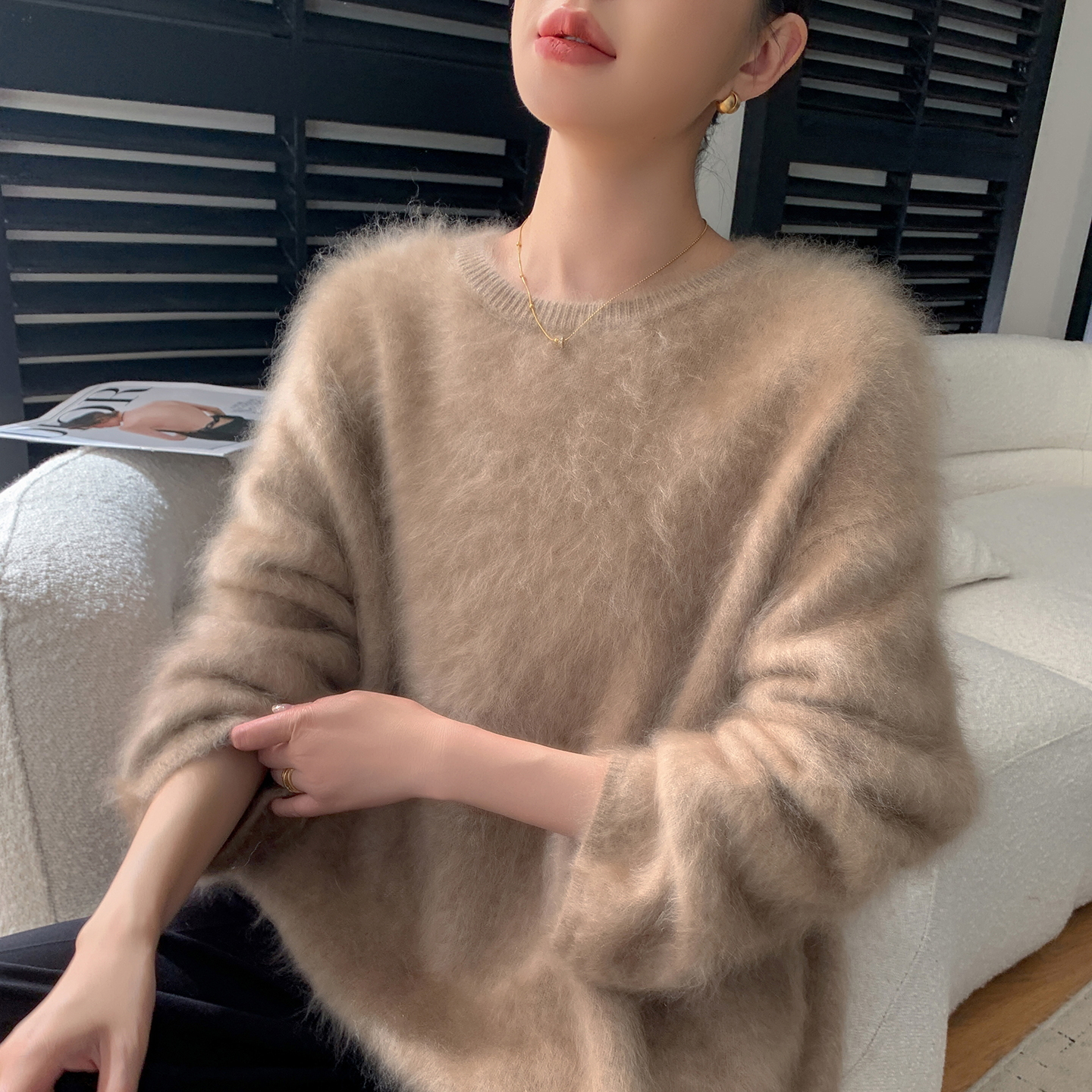 baby小山羊绒衫水洗拉绒女圆领宽松慵懒风加厚毛衣拉毛羊毛针织衫