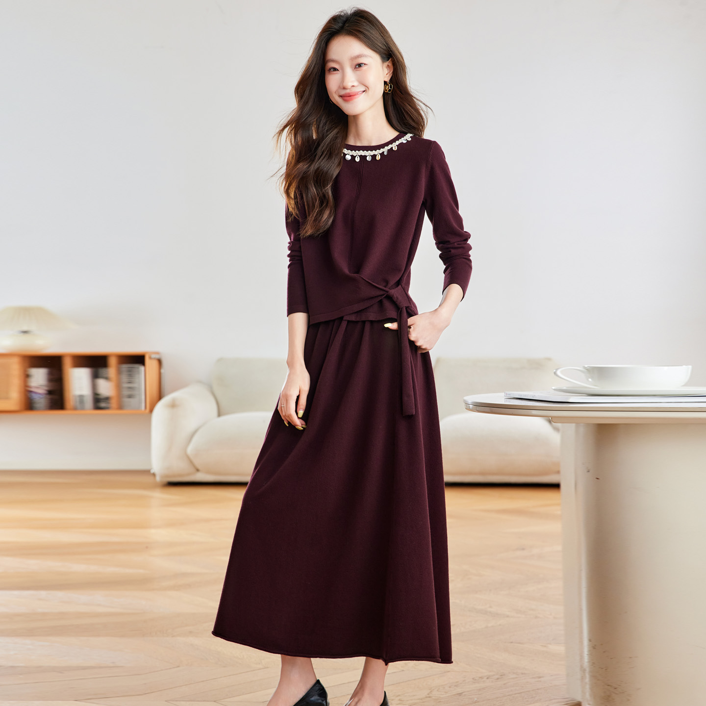 法式气质针织套装裙女2025年春秋新款设计感系带收腰半身裙两件套