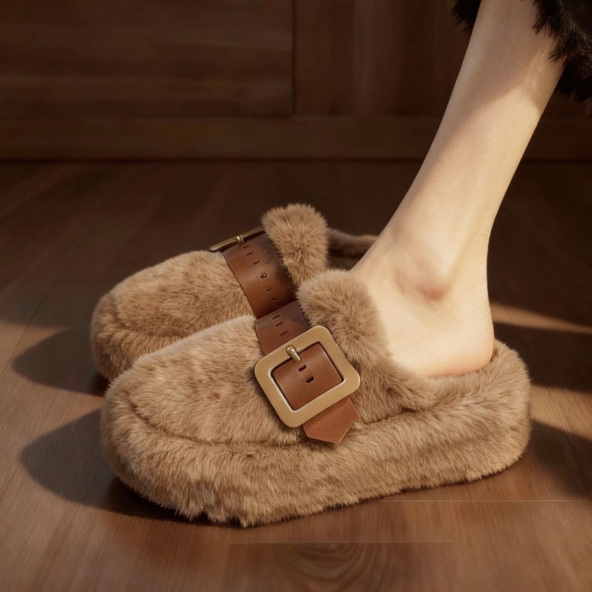 包头毛毛拖鞋女外穿2025新款秋冬季复古羊羔绒皮带扣加绒软底棉拖