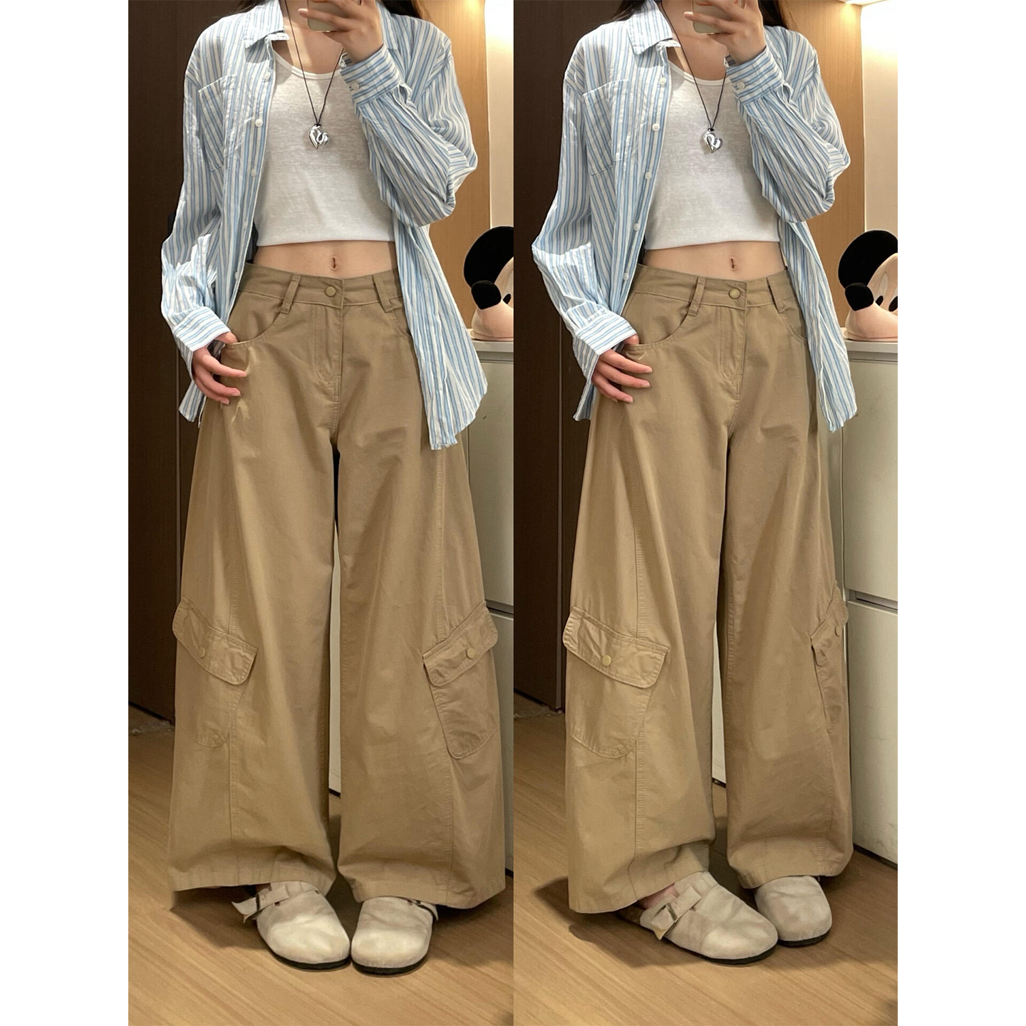 韩系小众设计高腰宽松直筒牛仔裤女秋季大码梨型显瘦松弛感工装裤