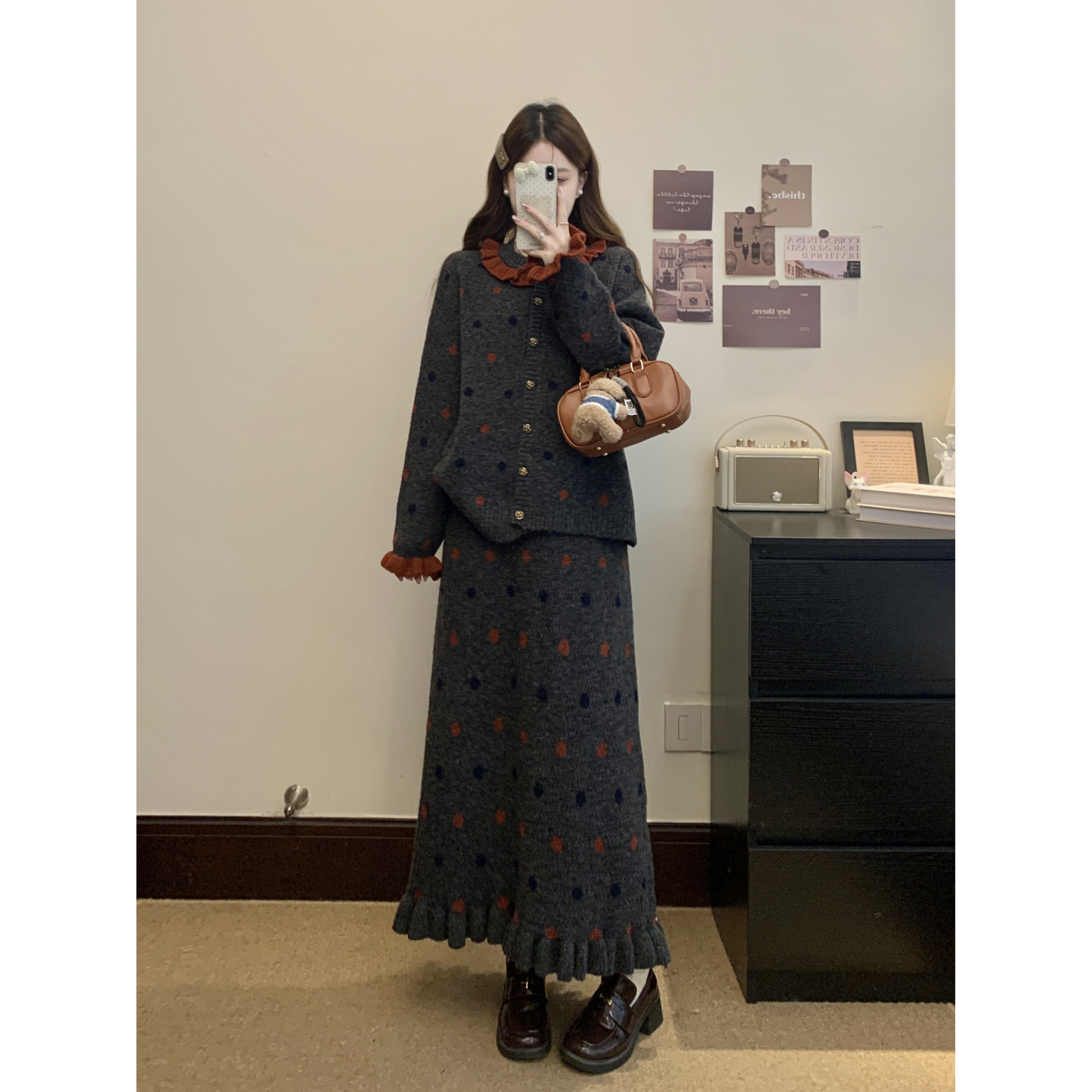 大码女装胖mm2025秋季新款圆领针织长袖上衣遮肚显瘦半身裙两件套